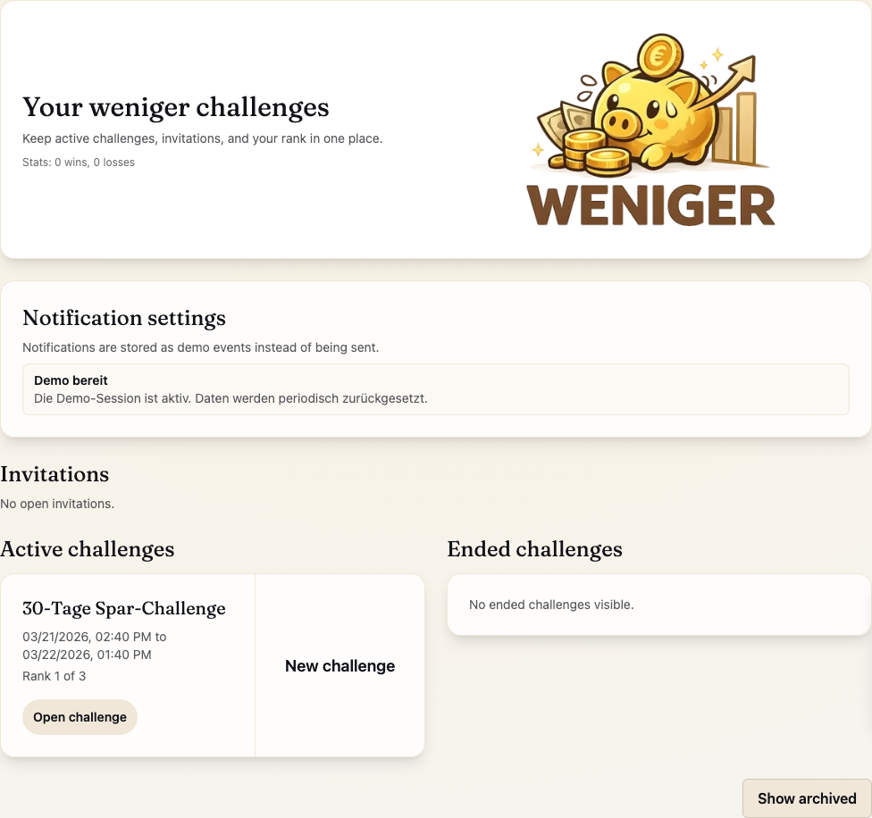 weniger dashboard with challenge overview and active challenges.