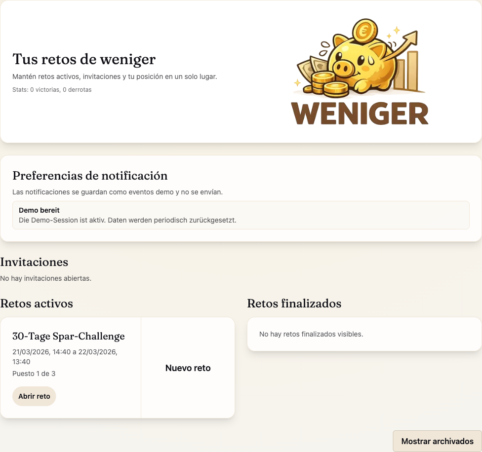 panel principal de weniger con vista general y retos activos.